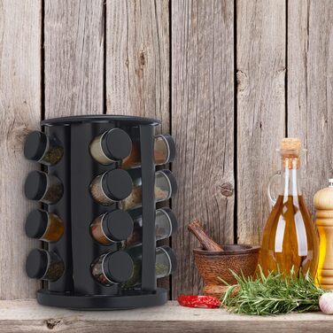 Relaxdays Gewürzkarussell, 16 Dosen, Streueinsatz, drehbar, nachfüllbar, Gewürzregal für Küche, schwarz