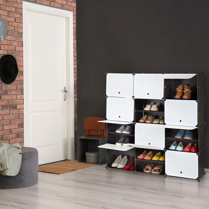 Relaxdays Schuhschrank, 24 Fächer, modular, Kunststoff & Metall, 125x125x32 cm, schwarz-weiß