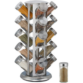 Relaxdays Gewürzkarussell, 20 Gläser, 360° drehbar, Edelstahl/Glas, HxD 39x22 cm, rund, silber, 1 Stk.