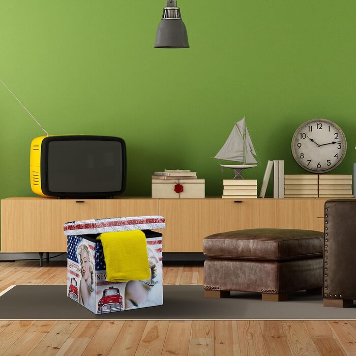 Relaxdays Faltbarer Sitzhocker 38 cm, stabil, trendige Motive, Kunstleder, Stauraum, Deckel, Tiger gelb