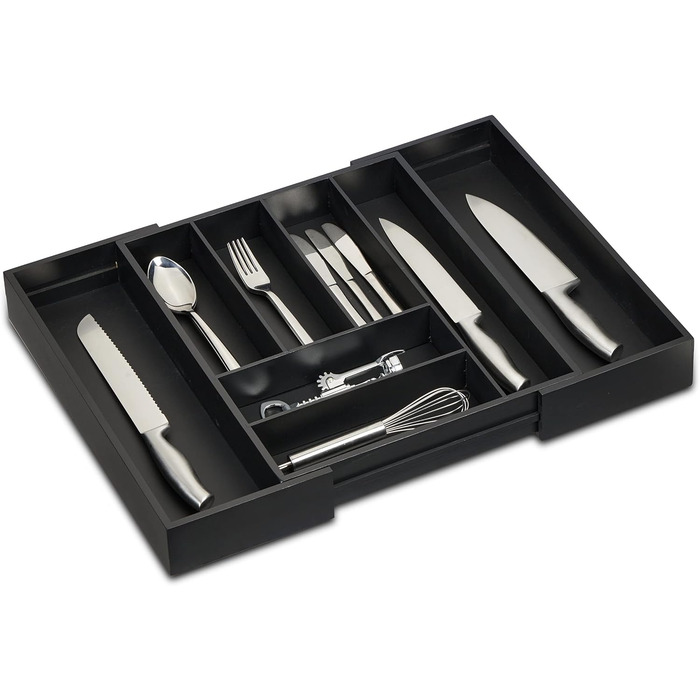 Relaxdays Besteckkasten, Bambus, HBT 6,5 x 35-58 x 43,5 cm, 6-8 Fächer, schwarz