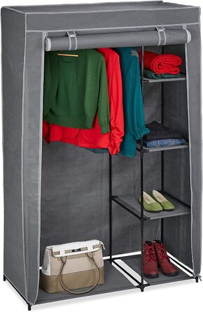 Relaxdays Stoffschrank mit Kleiderstange & 5 Ablagen, Faltschrank mit Reißverschluss, HBT: 161x105,5x45cm, anthrazit
