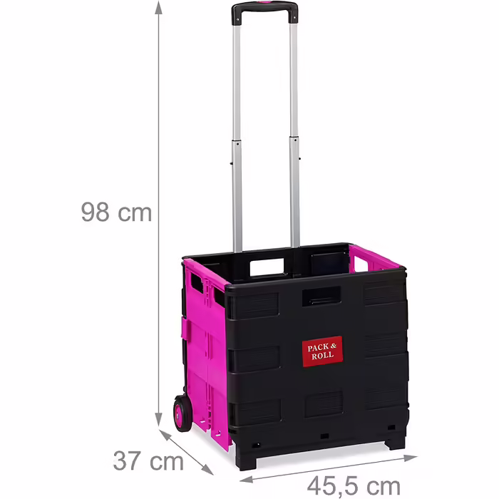 Relaxdays Einkaufstrolley klappbar, Teleskop-Griff, 2 Gummi Rollen, bis 35 kg, Shopping Trolley, Aluminium, ABS, pink
