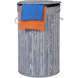 Relaxdays Wäschekorb Bambus, runder Wäschesammler mit Klappdeckel, 65 l, faltbare Wäschetonne, rund Ø 40 cm, (Grau)