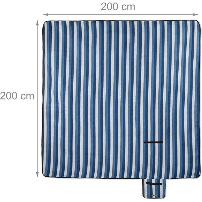 Relaxdays XXL Picknickdecke, 200 x 200 cm, Fleece Stranddecke, wärmeisoliert, wasserdicht, mit Tragegriff, blau/weiß