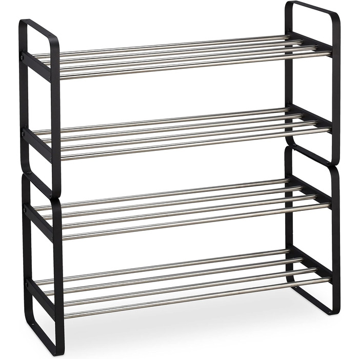Relaxdays Schuhregal, Metall, 2 Ebenen, stapelbar, HBT 38 x 73,5 x 28 cm, bis zu 6 Paar Schuhe, offen, schwarz/silber