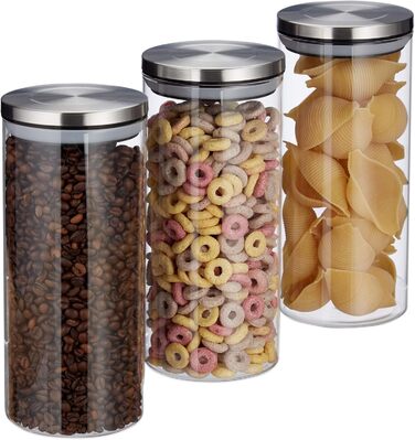 Relaxdays Vorratsglas 3er Set, 1,3 L, luftdicht, Edelstahl Deckel, Küchenbehälter