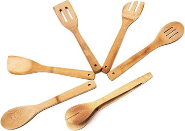 Relaxdays Küchenhelfer Set Bambus 7-tlg. 30cm lang, Kochlöffel, Holzlöffel, Pfannenwender (je 2), Salatzange, Gabel, Halter
