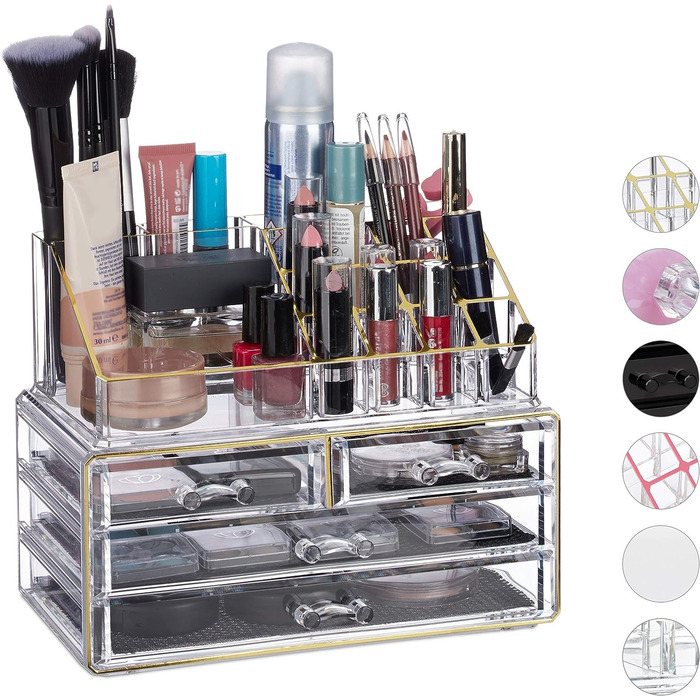 Relaxdays Make Up Organizer Acryl, 2-teilige Schminkaufbewahrung mit Lippenstifthalter und 4 Schubladen,  19 x 24 x 13.5 cm (Transparent/Gold)