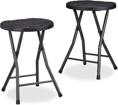 Relaxdays Klapphocker BASTIAN rund, 2 Stk. Faltbar, Kunststoff, Rattanoptik, Wetterfest HxBxT: 45 x 32,5 x 29 cm, (Schwarz)
