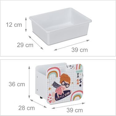 Relaxdays Kinderregal mit 6 Boxen, Kleine-Heldin-Motiv, 2 Kisten mit Rollen, HBT: 80,5x82,5x30 cm, Spielzeugregal, weiß