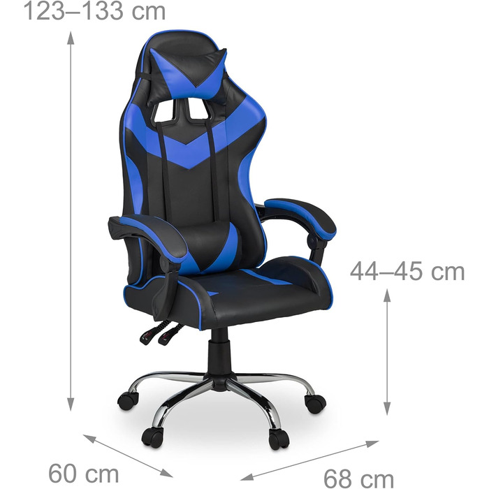 Relaxdays Gaming Stuhl, Racing Look, drehbar, höhenverstellbar, Kopf-& Lendenkissen, HxBxT: 133x68x60 cm, schwarz-blau