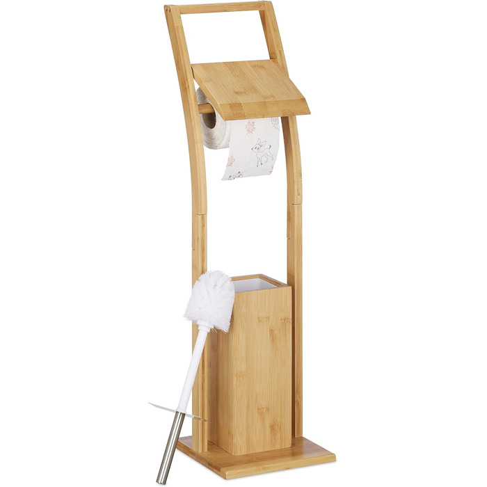Relaxdays WC Garnitur, Bambus, Edelstahl, Klopapierständer mit Toilettenbürste, freistehend, HBT: 74 x 20 x 20 cm, Natur