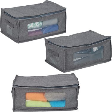 Relaxdays Aufbewahrungstasche, 3er Set, faltbar, mit Reißverschluss, Kleidung, Unterbett, Stoff, HBT: 20x45x30 cm, grau