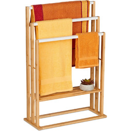 Relaxdays Handtuchständer, Bambus, 3 Stangen & Ablage, 82x55x24 cm, freistehend, Natur/weiß