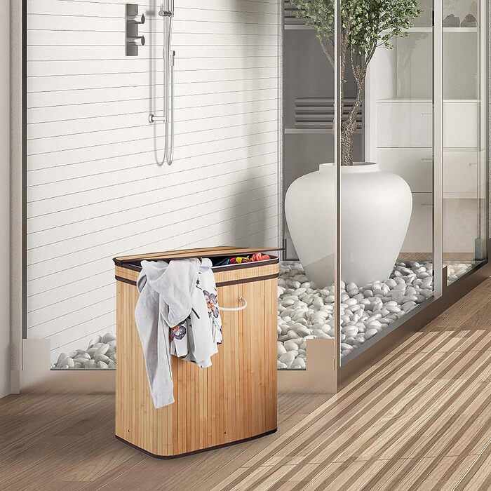 Relaxdays Wäschekorb Bambus, rechteckiger Wäschesortierer, 2 Fächer, mit Klappdeckel, platzsparend faltbar, 95 l, weiß