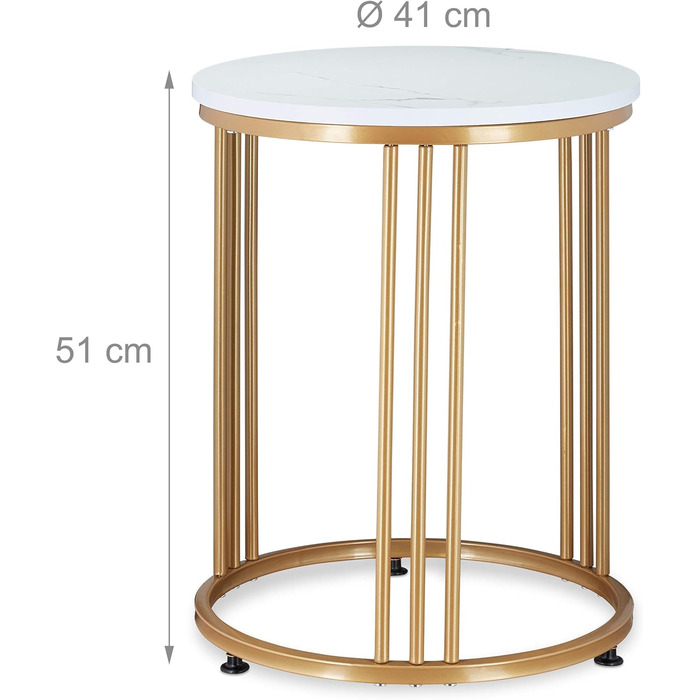 Relaxdays Beistelltisch MARMO, rund, Metall & MDF, Marmoroptik, HxD: 51 x 41 cm, weiß/Gold