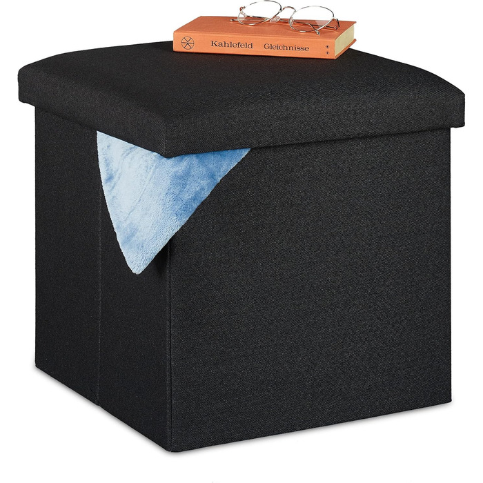 Relaxdays faltbarer Sitzhocker mit Stauraum, gepolstert, eckig, Stoff, 37x37,5x37,5 cm, schwarz
