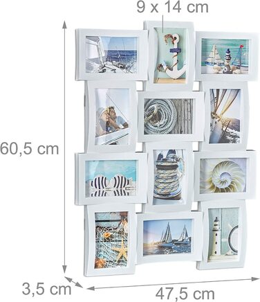 Relaxdays Bilderrahmen für 12 Fotos, Galerierahmen für Collagen, Mehrfachbilderrahmen, HBT: 60,5 x 47,5 x 3,5 cm, weiß