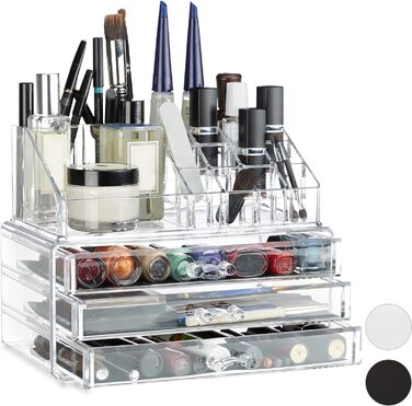 Relaxdays  x Make Up Organizer klein, 2-teilige Schminkaufbewahrung mit 3 Schubladen, stapelbares Kosmetikregal,    9 x 23.5 x 4 cm (1, Transparent, 19 x 23.5 x 14 cm)