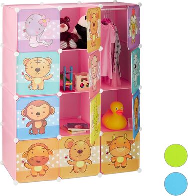 Relaxdays,  Steckregal Kinderzimmer, Tiermotive, Jungen, Türen, Kleiderstangen, Kunststoff Kleiderschrank, 145x110cm, 60%, Standard (Rosa)