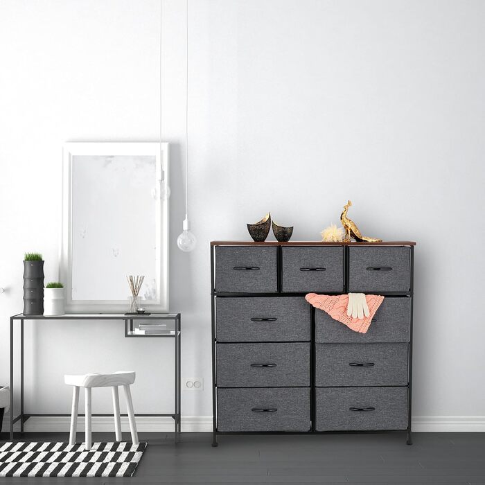 Relaxdays Kommode, 100x100x30 cm, Metall & Holzoptik, 9 Stoff-Schubladen, Moderne Beistellkommode