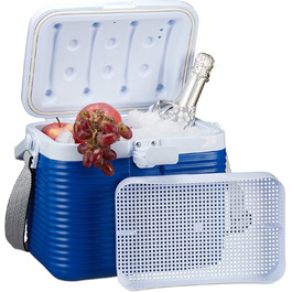 Relaxdays kleine Kühlbox, mit Griff, Tragegurt, Kunststoff Kühltasche, ohne Strom, 8 l, HBT 23,5 x 31 x 21 cm, weiß-blau