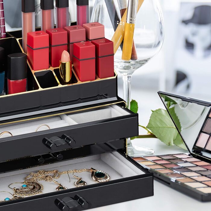 Relaxdays Make Up Organizer, 2-teilig, mit Schmuckkästchen, 3 Schubladen, Kunststoff, HBT 18,5x23,5x15 cm, schwarz-gold