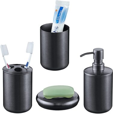 Relaxdays Badezimmer Set, 4-teilig, Seifenspender, Seifenschale, Zahnputzbecher, Zahnbürstenhalter, Edelstahl, anthrazit 1003