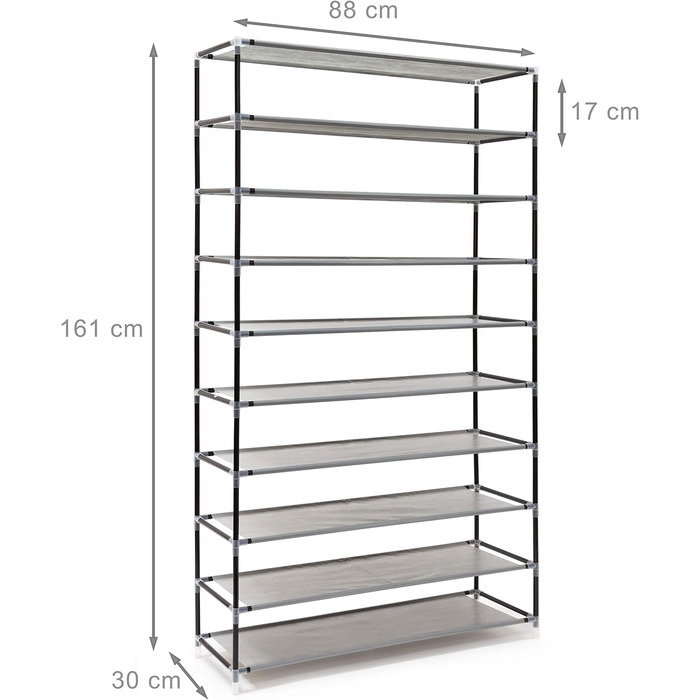 Relaxdays Schuhschrank VALENTIN - 161x88x30cm, 10 Ablagen, Stoffbezug, 45 Paar Schuhe, Anthrazit