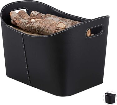 Relaxdays, schwarz Kaminholzkorb Kunstleder  stabiler Feuerholzkorb mit Tragegriffen, für Brennholz & Zeitungen, oval, 80% Pappe (XL, Bundle mit Kaminbesteck 61 x 15 x 15 cm)