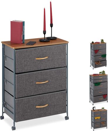 Relaxdays Roll-Schubladenschrank, 6 Stoffschubladen, Holzoptik, 74,5x58x30 cm, grau (Design A)