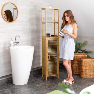 Relaxdays Badregal Bambus, 5 Ablagen, HxBxT: 170x33,5x28 cm, mit Schranktür, stehend, natur