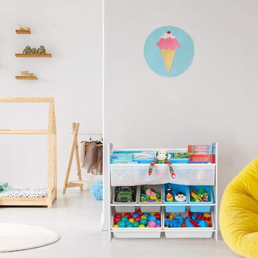 Relaxdays Kinderregal, 6 Boxen, 4 Stofffächer, Lagerfeuer Kindermotiv, Spielzeugregal HxBxT: 78 x 86 x 26,5 cm, bunt, 1 Stück