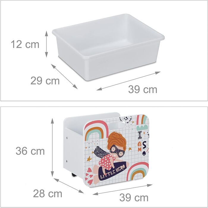 Relaxdays Kinderregal mit 6 Boxen, Kleine-Heldin-Motiv, 2 Kisten mit Rollen, HBT: 80,5x82,5x30 cm, Spielzeugregal, weiß