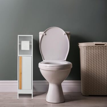 Relaxdays Toilettenpapierhalter stehend, Badezimmeregal HBT 75,5 x 18,5 x 18,5 cm, MDF & Bambus, WC Papier Schrank, weiß