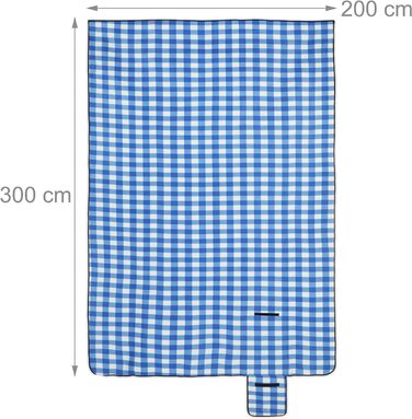 Relaxdays XXL Picknickdecke, 200x300cm, isoliert, wasserdicht, Karierte Fleece Stranddecke, weich, Tragegriff, blau-weiß