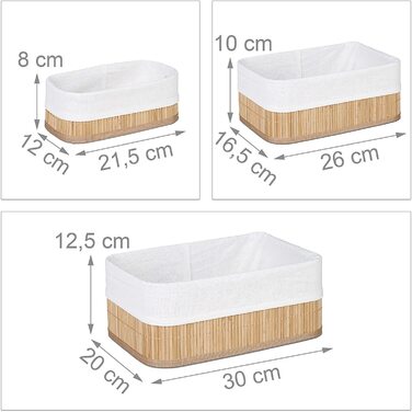 Relaxdays Aufbewahrungskorb 3er Set, Stoffbezug, Bambus, rechteckig, Bad, Accessoires, Spielzeug, Allzweckkorb, natur