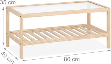 Relaxdays Couchtisch, Wohnzimmertisch mit Glasplatte, Holz, HBT 35 x 80 x 40 cm, rechteckiger Sofatisch, 2 Etagen, Natur