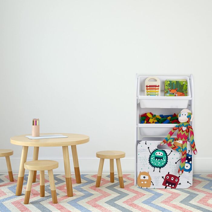 Relaxdays Kinderregal mit 3 Boxen, Monster-Motiv, Kiste mit Rollen, HBT: 80,5x42,5x30 cm, schmales Spielzeugregal, weiß, 10037514_0