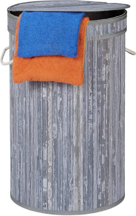 Relaxdays Wäschekorb Bambus, runder Wäschesammler mit Klappdeckel, 65 l, faltbare Wäschetonne, rund Ø 40 cm, (Grau)