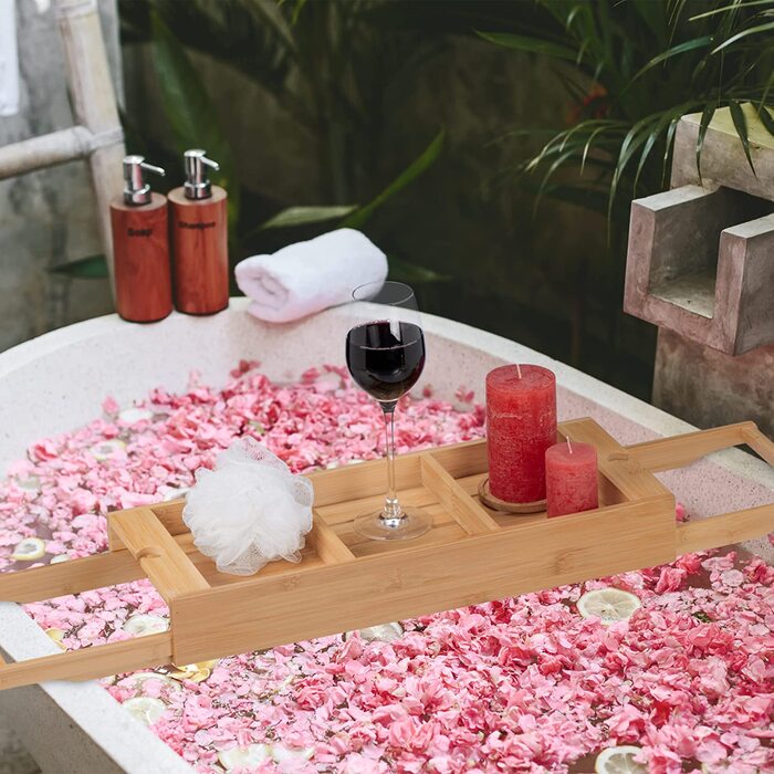 Relaxdays Badewannenablage Bambus, ausziehbar 67,5-101 cm, Badewannenbrett mit Füßen, 3 Fächer & 2 Rasiererhalter, Natur