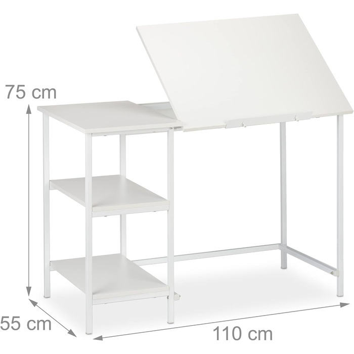 Relaxdays Schreibtisch neigbar, 3 Ablagen, mehrere Winkel, Computer- & Arbeitstisch, HxBxT: 75 x 110 x 55 cm, Weiß