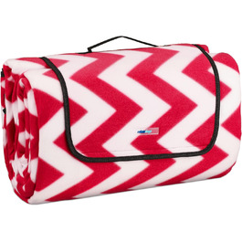 Relaxdays XXL Picknickdecke, 200x300 cm, isolierte Unterseite, Tragegriff, Fleece Stranddecke, Zickzack, weich, rot/weiß
