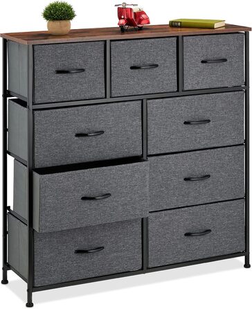 Relaxdays Kommode, 100x100x30 cm, Metall & Holzoptik, 9 Stoff-Schubladen, Moderne Beistellkommode
