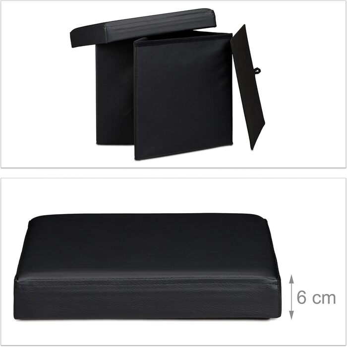 Relaxdays Sitzhocker, Leder, Schwarz, 38x38x38 cm