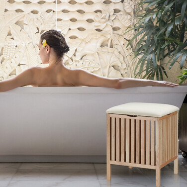 Relaxdays Wäschekorb aus Walnussholz mit Sitz