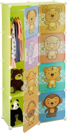 Relaxdays Kinderregal mit Tiermotiv, Kunststoff Steckregal m. Türen, Kinderzimmer Kleiderschrank m. Kleiderstange, bunt, 37 x 74 x 145 cm