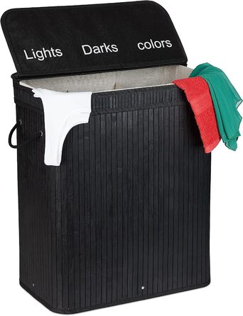 Relaxdays Wäschesortierer, Bambus, 3 Fächer, je 30 Liter, Wäschekorb mit Deckel, Griffe, HxBxT: 63 x 55 x 35 cm, (Schwarz)