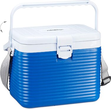 Relaxdays kleine Kühlbox, mit Griff, Tragegurt, Kunststoff Kühltasche, ohne Strom, 8 l, HBT 23,5 x 31 x 21 cm, weiß-blau